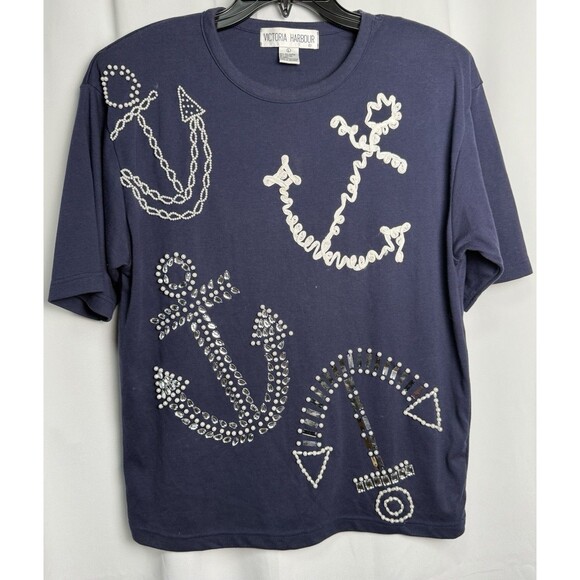 Vintage Victoria Harbour Embellished Nautical Anchor Navy Pullover Top Sz Large - Picture 1 of 6